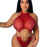 Plus Size Women Halter Neck Leopard See-Through Temptation Metal Chain One-piece Sexy Lingerie Two-piece Set