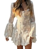 Women's Sexy Lace-Up Long-Sleeved Lace Printed Dress