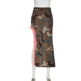 Spring And Winter Women's Camouflage Print Pink Furry Patchwork High Waisted Irregular Slit Slim Skirt