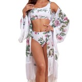 Mesh Sun Protection Cover-Up Two Pieces Printed Bikini Three-Piece Swimsuit
