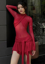 Women's Spring And Winter Sexy Mesh See-Through Halter Neck Lace-Up Dress