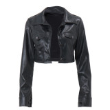 Women's Winter Turndown Collar Crop Pu Leather Jacket