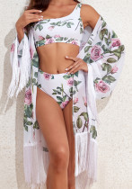 Mesh Sun Protection Cover-Up Two Pieces Printed Bikini Three-Piece Swimsuit