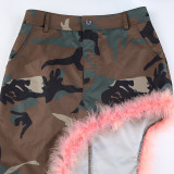Spring And Winter Women's Camouflage Print Pink Furry Patchwork High Waisted Irregular Slit Slim Skirt