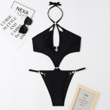 One-Piece Hollow Sexy Pearl Chain Halter Neck Triangle Sexy Swimsuit For Women