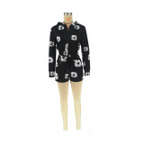 Women Clothing Trendy Print Long Sleeve Hooded Drawstring Top and Shorts Two-piece Set