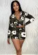 Women Clothing Trendy Print Long Sleeve Hooded Drawstring Top and Shorts Two-piece Set
