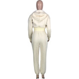 Women Solid Patchwork Ribbed Hooded Zipper Pocket Loose Jacket and Pants Two-piece Set