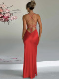 Women Solid Sexy V-Neck Slit Maxi Strap Dress