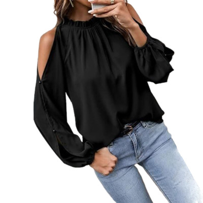 Women's Fashion Career Cut Out Long Sleeve Solid Color Stand Collar Shirt Top