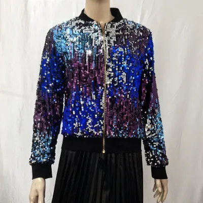 Women's Tops Fashion Color Block Sequin Style Short Zipper Jacket Coat