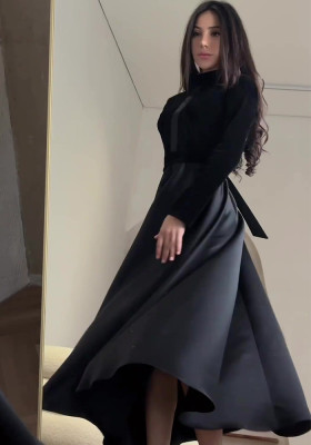 Velvet Slim Fit Slim Waist Black Round Neck Long Sleeve Dress For Women
