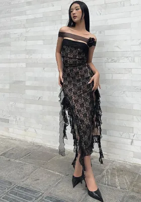 Style Women's Sexy Lace Strapless Slit Ribbon Dress