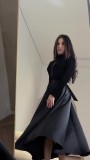 Velvet Slim Fit Slim Waist Black Round Neck Long Sleeve Dress For Women