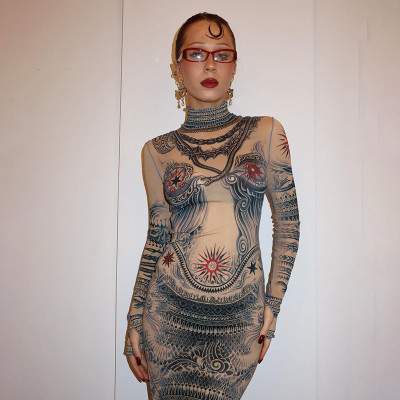 Autumn Women's Sexy Long-Sleeved Mesh Printed High-Waist Slim Fit Short Dress