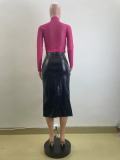 Women's Chic Pu Leatherwinter And Spring High Waist Slit Irregular Versatile Midi Skirt
