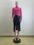 Women's Chic Pu Leatherwinter And Spring High Waist Slit Irregular Versatile Midi Skirt