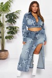 Women's Fashion Sexy High Stretch Embroidered Washed Denim Two Piece Skirt Set