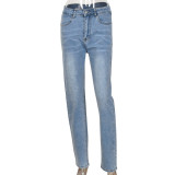 Sexy High Waisted Washed Denim Cutout Style Stretch Tight Fitting Pants