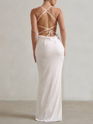 Straps Backless White Sequined Wedding Dress Formal Party Long Gown