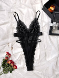 Striped See-Through Mesh Patchwork Lace Sexy One-Piece Bodysuit Lingerie
