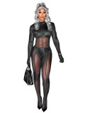 Women's Winter And Spring Fashionable Mesh Patchwork Long Sleeve Sexy Jumpsuit With Gloves