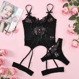 Lace Bow Mesh Embroidery Patchwork Hollow See-Through Sexy Lingerie Set