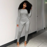 Winter Solid Color Ribbed Off Shoulder Long-Sleeved Irregular Two Piece Trousers Set For Women
