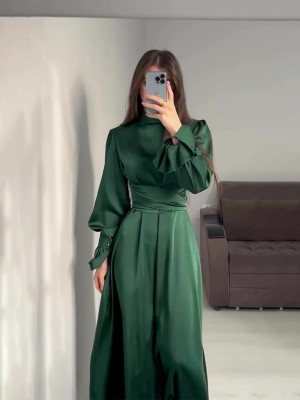 Spring Long-Sleeved Slim Waisted Puff-Sleeved Green Dress