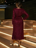 Red Sequin Loose Casual Sexy Dress Winter And Spring Chic Bow Belt Evening Dress