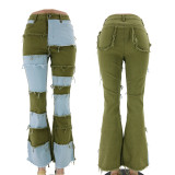 Stylish Vintage Washed Contrast High Waist Butt Lift Bell Bottom Women's Denim Pants