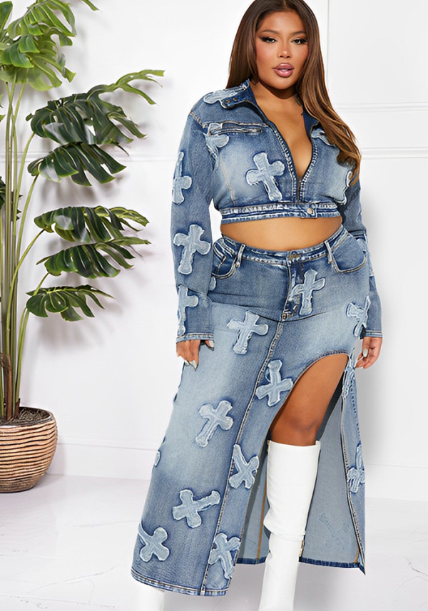 Women's Fashion Sexy High Stretch Embroidered Washed Denim Two Piece Skirt Set