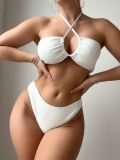 Solid Ribbed Halter Neck Bikini + Trousers Three-Piece Sexy Swimsuit