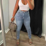 Sexy High Waisted Washed Denim Cutout Style Stretch Tight Fitting Pants