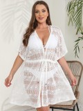 Plus Size Women's Cardigan Sexy See-Through Lace Shirt Drawstring Lace-Up Slim Waist Sun Protective Cover Up