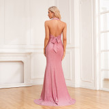 Women Elegant Backless Cross-Strap Halter Neck Mermaid Gown Shiny Knitting Dress