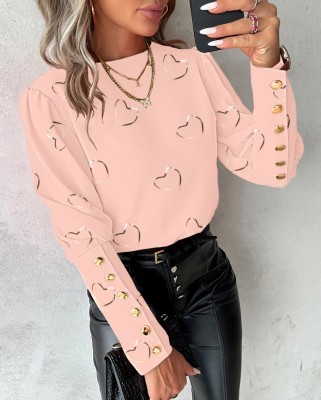 Spring Fashion Printed Long Sleeve Round Neck Button Shirt For Women