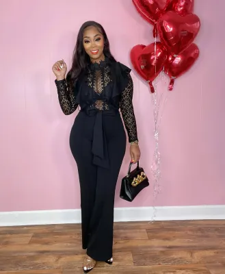 Sexy See-Through Lace Patchwork Wide Leg Jumpsuit