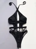 Women's Black Halter V-Neck One-Piece Swimsuit