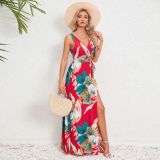 Summer Women's V-Neck Sleeveless Slit Printed Long Strap Dress