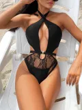 Women's Black Halter V-Neck One-Piece Swimsuit
