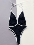 Bikini Black And White Contrasting Hollow Lace-Up One-Piece Swimsuit