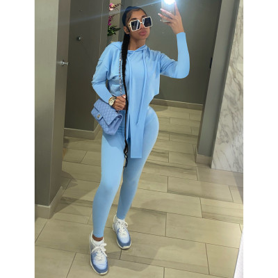 Women's Solid Color Long-Sleeved Hooded Top Trousers Sports Two Piece Set