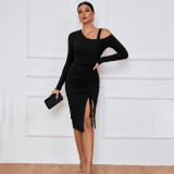 Women slit off-shoulder long-sleeved sexy dress