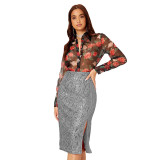 Women Slit Bodycon Sequined Skirt