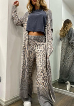 Women spring leopard print long-sleeved cardigan jacket and pant two-piece set