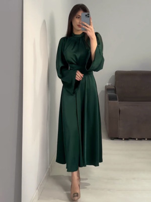 Women Lace-Up Solid Long Sleeve Dress