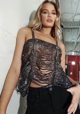 Women's Nightclub Low Back Sparkling Diamond Chain Tassel Straps Crop Vest