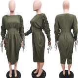 Women's Drawstring Long Sleeves Solid Color Pleated Dress