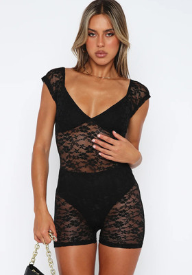 Women's Spring Summer Style Fashionable And Sexy Tight Fitting See-Through Lace Jumpsuit Underwear Two-Piece Set